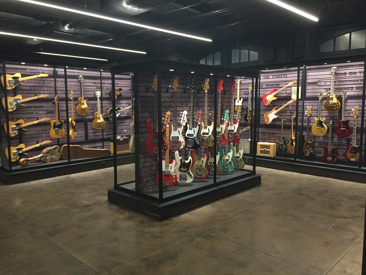 Guitar display inside Songbirds Guitar & Pop Culture Museum