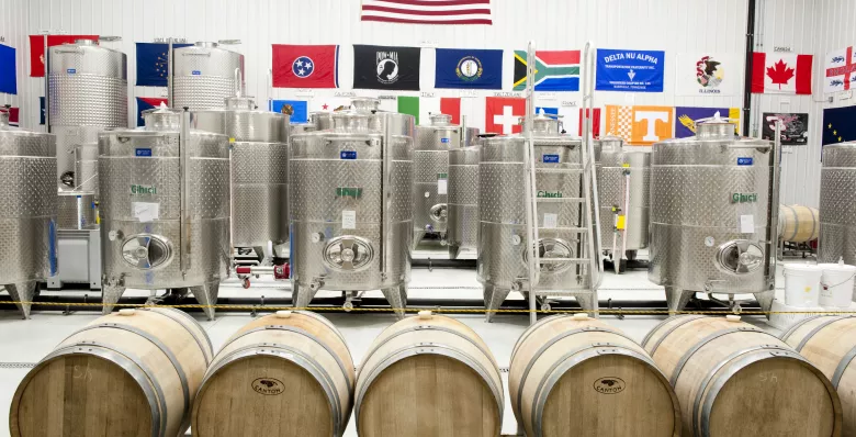 Barrels and wine vats from DelMonaco Winery in Baxter, Tennessee