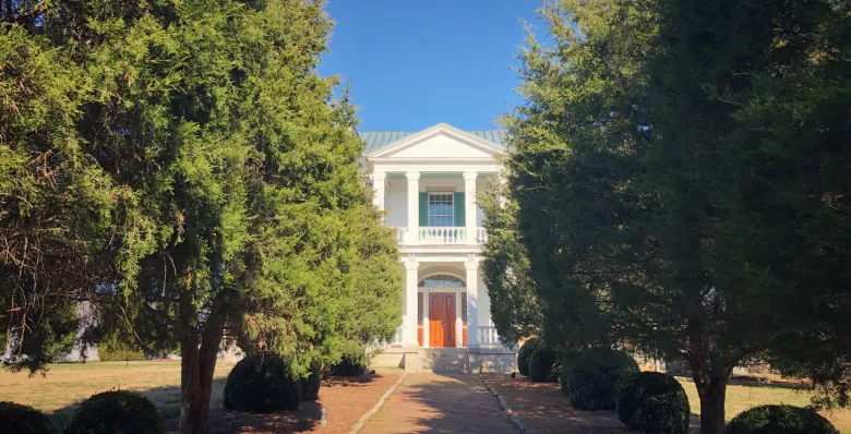 The exterior and tree-lined walkway of Carnton in Franklin TN