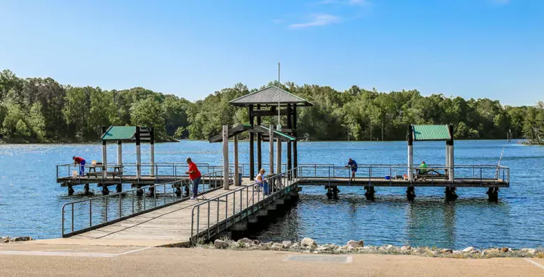 A boat dock at Glenn Springs Lake in Drummonds, TN