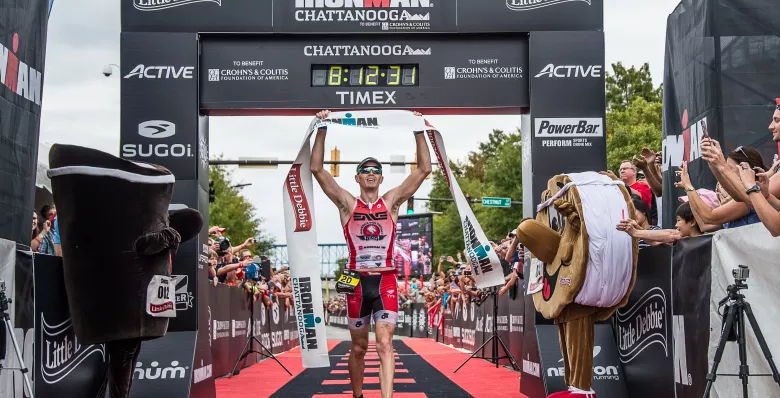 A runner finishes the IRONMAN in Chattanooga