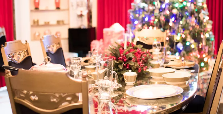 Elvis' dining table decorated for Christmas at Graceland in Memphis.