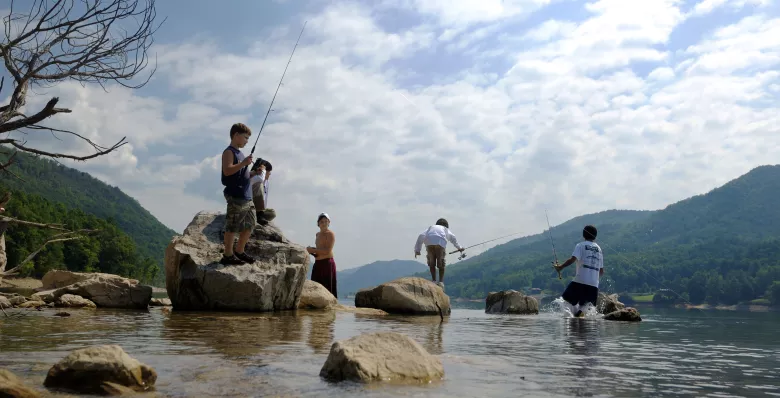Kids fishing on Watauga Lake in Mountain City, TN