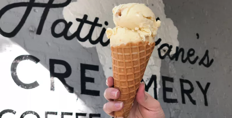Two scoops of icecream in a waffle cone at Hattie Jane's Creamery in Murfreesboro.