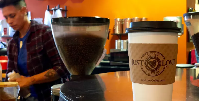 Hot coffee at Just Love Coffee in Murfreesboro, Tennessee.