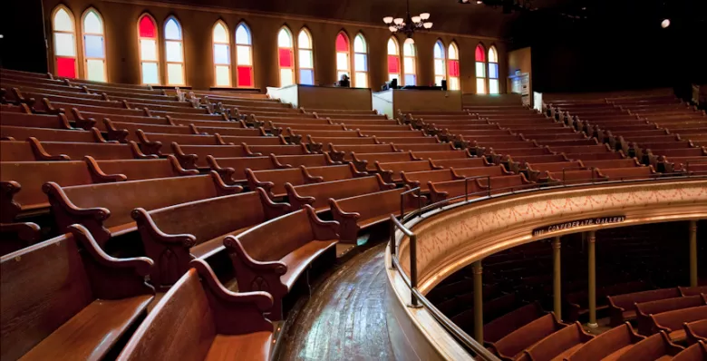 Pews inside Ryman Auditorium in Nashville, TN