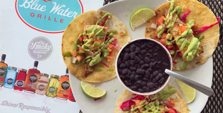 Fish tacos on the patio at Blue Water Grille
