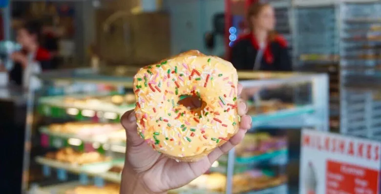 A sprinkled donut from family-owned Julie Darling Donuts in Chattanooga TN