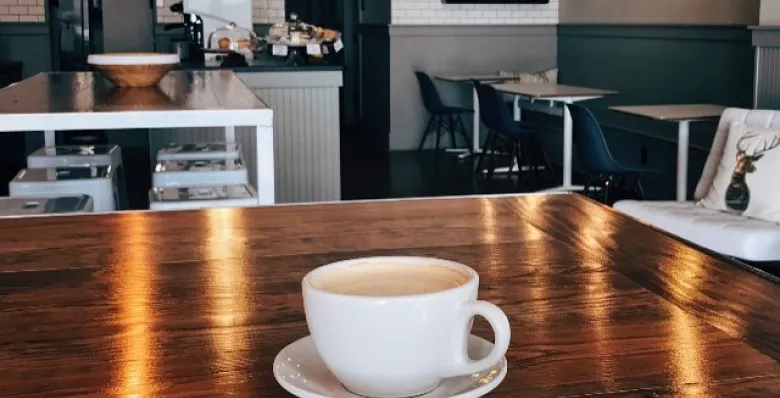 A cup of coffee on a table at Buckhead Coffeehouse