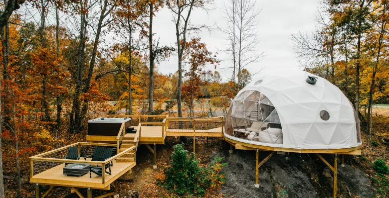 Morning Mist at Five Meadows Farms glamping dome in Smithville TN