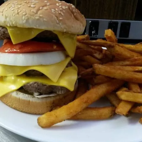 A doublestack burger and fries.